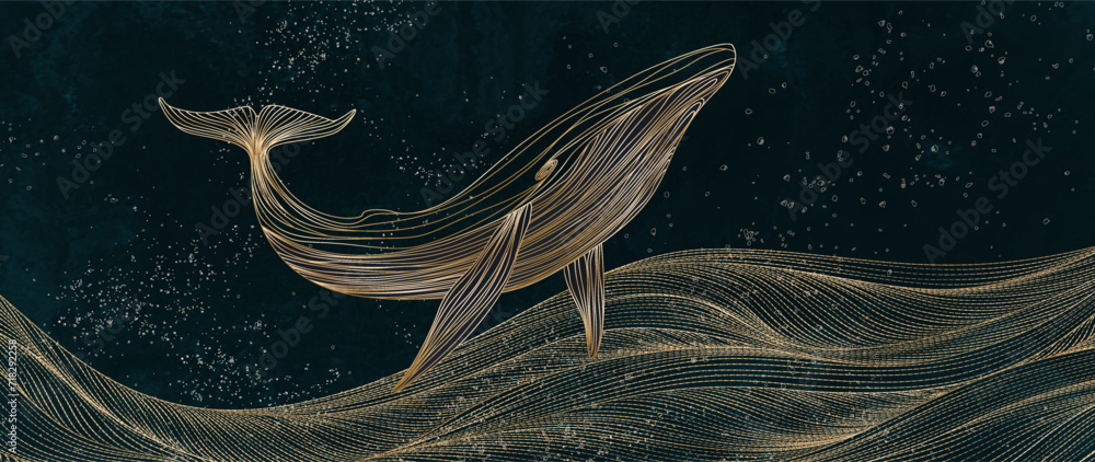 Abstract dark luxury art background with a whale on the waves in golden ...