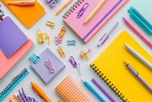 Variety Of Colorful Stationery Items, Including Notebooks, Pens, And Paper Clips, Arranged Neatly On A White Desk
