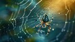  a close up of a spider on it's web with water droplets on it's back and a blurry background of green leaves and yellow and blue.