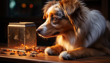 Canvas Print - A cute puppy sitting on a table, looking at a flame generated by AI