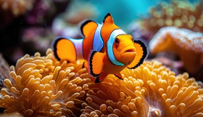 Wall Mural -  a close up of a clownfish on a coral with anemone in the foreground and a sea anemone in the back ground in the foreground.