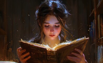  a girl is reading a book in a dark room with a light shining on her face and her hair in a bun, and her eyes closed, and her eyes closed.