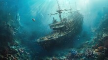  A Ship In The Middle Of The Ocean Surrounded By Corals And Other Marine Life, With Sunlight Streaming Through The Water And Shining On The Bottom Part Of The Ship.