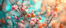  A Close Up Of An Easter Egg On A Branch Of A Tree With Flowers In The Foreground And A Blurry Background Of Blue And Pink Flowers In The Foreground.