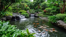  A Pond Filled With Lots Of Water Surrounded By Lush Green Plants And A Bunch Of Koi Fish Swimming On Top Of A Small Waterfall In The Middle Of The Pond.