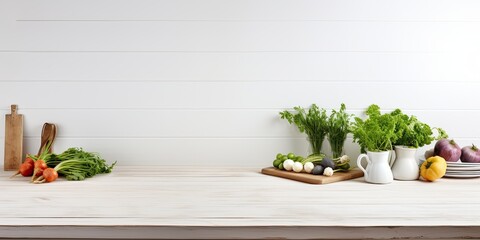 Wall Mural - Empty white wooden kitchen table available for vegetable display and personal decoration.