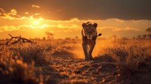  A Lion Walking Down A Dirt Road In The Middle Of A Field With The Sun Setting In The Background And A Few Clouds In The Sky Above The Lion's Head.