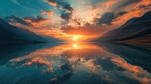  A Large Body Of Water With A Sky Filled With Clouds And A Sun Setting In The Middle Of The Water With A Reflection On The Water Surface Of The Water.