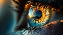  A Close Up Of A Person's Eye With Bright Blue And Yellow Irises In The Center Of The Iris Of The Eye And The Iris Of The Eye.