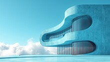 A Blue Building With A Curved Window In The Middle Of A Body Of Water In Front Of A Blue Sky With Clouds And A Blue Sky With A Few White Clouds.
