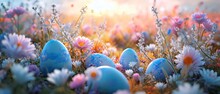  A Field Filled With Lots Of Blue Eggs Sitting In The Middle Of A Field Filled With Lots Of Pink And White Flowers In Front Of A Bright Sky Filled With Clouds.