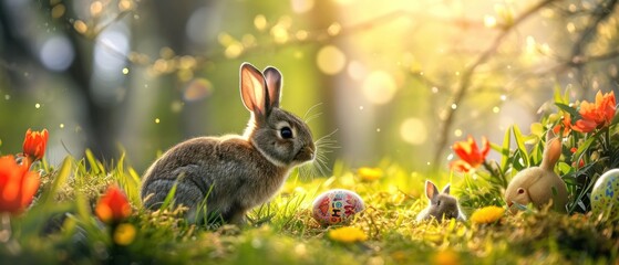  a rabbit sitting in the grass next to a group of easter eggs and a tree with red tulips in the foreground and a sunbeam in the background.
