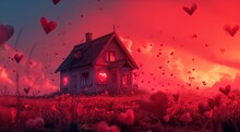  A House In The Middle Of A Field With Hearts Coming Out Of It And A Red Light Coming Out Of The Window Of The House In The Middle Of The Field.