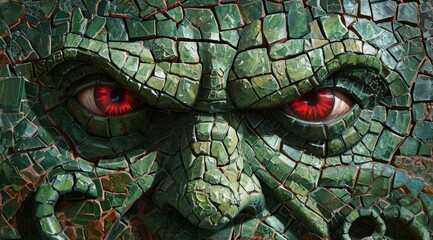 Canvas Print -  a close up of the face of a creature made out of green tiles with red eyes and a griny griny griny griny griny griny griny griny griny griny griny griny griny griny griny griny griny griny grin.