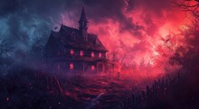  A Creepy House In The Middle Of A Spooky Forest With A Red Light Coming Out Of It's Windows And A Dark Sky Filled With Dark Clouds.