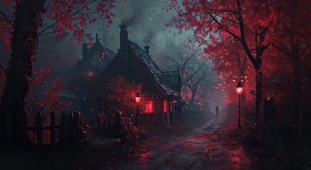 Canvas Print -  a house in the middle of a forest with a red light at the top of the house and a red light at the bottom of the house in the picture.