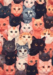 Poster -  a large group of cats that are all different colors of black, white, orange, and grey, all looking at the same person's right side of the camera.