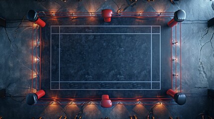 Wall Mural - Aerial view of an empty boxing ring. Concept of sports arena, aerial view, boxing, competition, combat sports