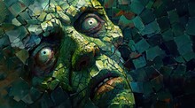  A Painting Of A Woman's Face Made Up Of Small Squares Of Green, Red, And Yellow Mosaic Tiles, With The Eyes And Nose Of The Head Of A Creature.