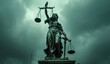  a statue of a lady justice holding a scale of justice in front of a cloudy sky with a scale of justice on one arm and a sword in the other hand.