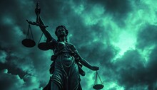  A Statue Of A Lady Justice Holding A Scale Of Justice In Front Of A Cloudy Sky With A Green Glow On The Left Side Of The Scale Of The Statue.