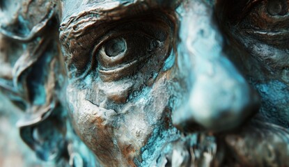 Poster -  a close - up of a statue of a man's face with his eyes wide open and his nose slightly obscured by the statue's wrinks.