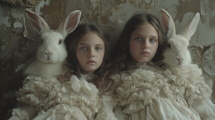 two girls sitting with rabbits surrealistic