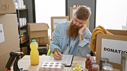 Canvas Print - Charismatic young redhead guy, handsomely bearded, intently taking notes, addressing donations on his smartphone while sitting at a charity center table, absorbed in his altruistic volunteer work.