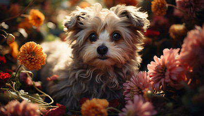 Canvas Print - Cute small puppy sitting outdoors, looking at camera generated by AI