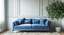 Blue Sofa Against Paneling Wall. Minimalist Loft Home Interior Design Of Modern Living Room.