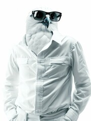 Canvas Print - A bird-man wearing a white shirt and sunglasses. Generative AI.