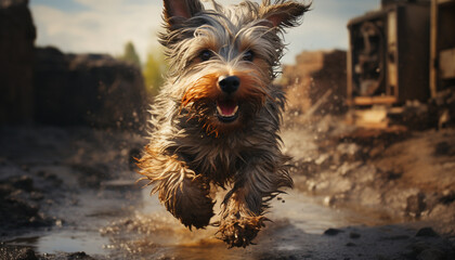 Sticker - Cute terrier puppy running outdoors, enjoying summer fun generated by AI