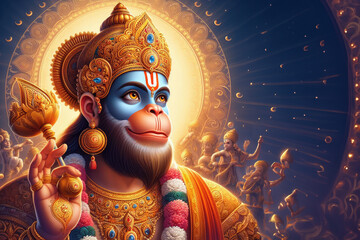 Illustration Lord Hanuman on abstract background for Hanuman Jayanti festival of India and Happy Dussehra celebration background