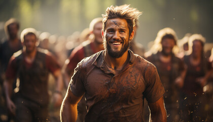 Sticker - Group of young adults enjoying a muddy race generated by AI