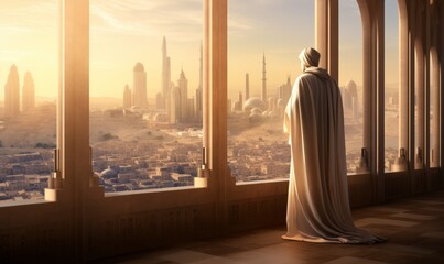 Sticker - Silhouette of a muslim man in a white robe with a hood looking at the city.