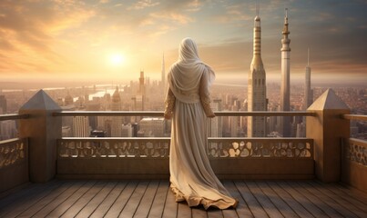 Canvas Print - Muslim woman in hijab looking at the city