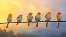 A Group Of Birds Sitting On A Wire With A Sky In The Back Ground And Clouds In The Back Ground.