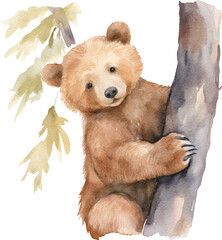 Aufkleber - Brown bear watercolor created with Generative AI technology
