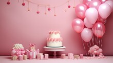  A Pink Birthday Cake Surrounded By Pink And White Balloons And Confetti On A Pink Background With A Pink Backdrop.