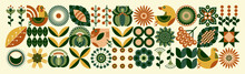 A Large Set Of Ukrainian National Style Of Art "Petrykivka Painting". Floral Pattern. Scandinavian Style. The Concept Of Ecological Farming And Poultry Farming.Green And Peach Illustration In Pastel