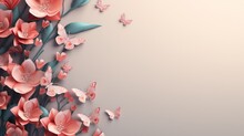  A Bunch Of Pink Flowers And Butterflies On A Light Gray Background With A Place For A Text Or A Picture.