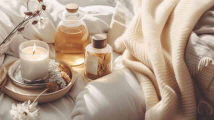 Poster -  a couple of bottles of liquid sitting on top of a bed next to a plate with a candle on it.