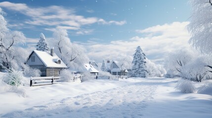 Poster -  a winter scene with snow covered trees and a small house in the foreground with a blue sky in the background.