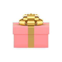 Wall Mural - Pink rectangular gift box with golden luxury bow ribbon holiday surprise 3d icon realistic vector