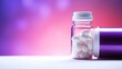  a glass bottle filled with white pills sitting on top of a table next to a purple and pink background with a blurry background.