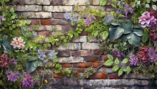 Brickwall Pattern With Leaves, Stone Wall With Green Leaves