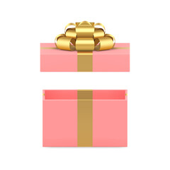 Wall Mural - Pink open luxury gift box with golden bow ribbon 3d icon realistic vector illustration