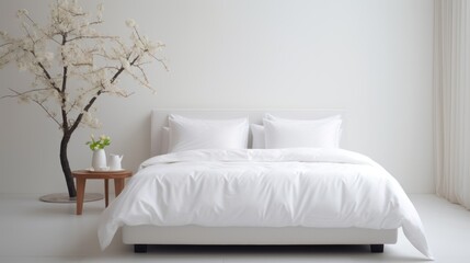 Sticker -  a white bed with a white comforter and pillows and a vase with flowers on the side of the bed.