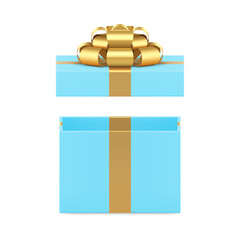 Wall Mural - Blue wrapped open gift box rectangular pack with golden bow ribbon 3d icon realistic vector