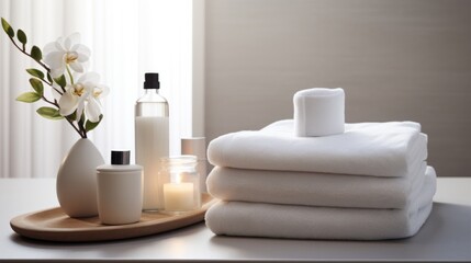 Poster -  a stack of white towels sitting on top of a table next to a bottle of liquid and a vase with flowers.